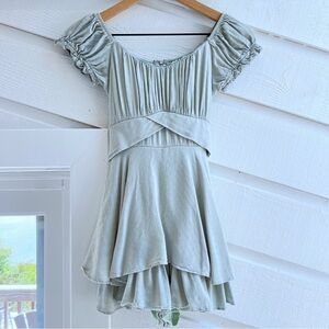 Altar’d State Haisley Sage Green Layered Puff Sleeve Romper Dress XS